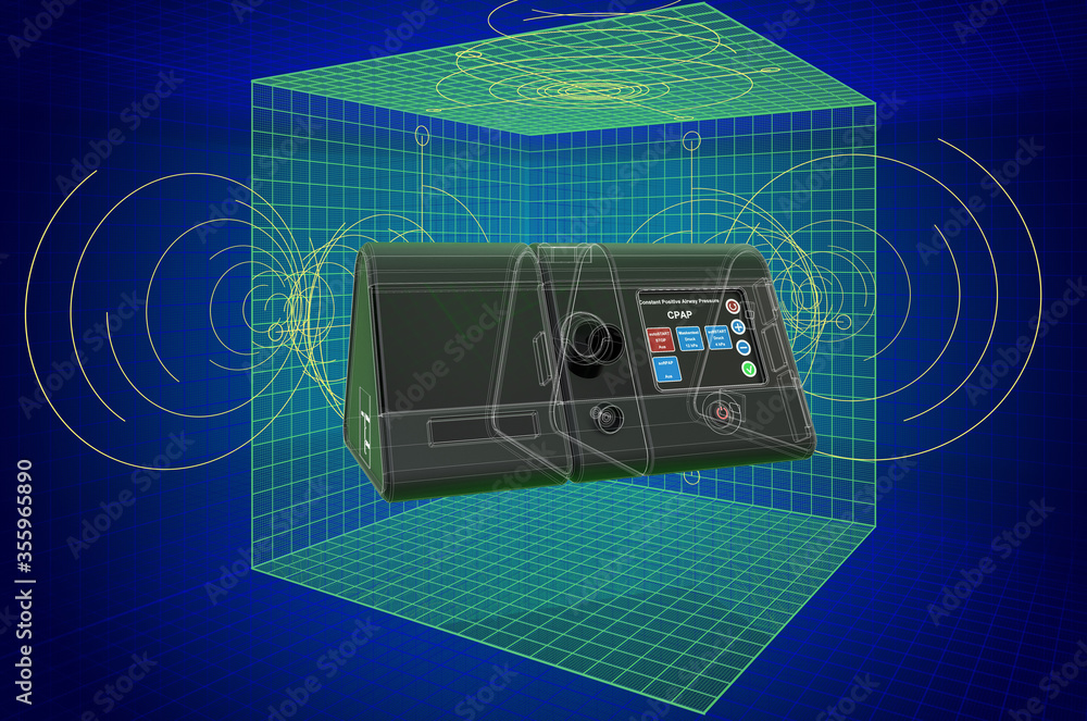 Poster visualization 3d cad model of cpap machine, blueprint. 3d rendering