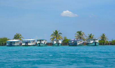 Idyllic view of a fleet of boats moored by a picturesque tropical island.