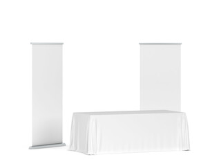 Blank tradeshow tablecloth with roll-up banners aside