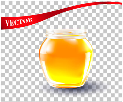 Vector Honey in a Transparent Glass Jar on a white background.
A realistic image of honey for companies selling beekeeping products.Healthy organic food concept.