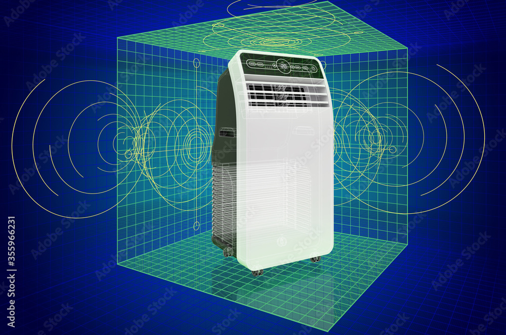 Poster visualization 3d cad model of portable air conditioner, blueprint. 3d rendering