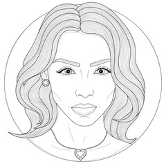 Girl with an earring and a pendant.Coloring book antistress for children and adults. Illustration isolated on white background.Zen-tangle style.Black and white drawing.