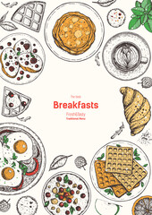 Breakfast top view frame. Morning food menu design. Breakfast dishes collection. Vintage hand drawn sketch, vector illustration. Engraved style.