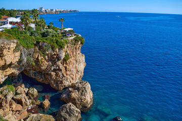 Fototapeta premium Landscape with sea, mountain and cave views. Top view, selective focus