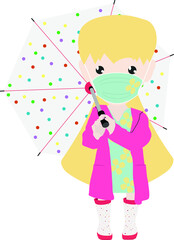 Adorable female in raincoat and boots holding an umbrella. Wearing a face mask, Vector Illustration