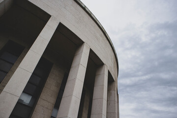 Zagreb/Croatia-June 5th,2020: The Mestrovic pavilion, known as the Home of Croatian Artists, famous circular building, important architectural masterpiece standing against rainy, stormy sky in Zagreb