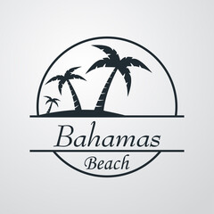 Símbolo destino de vacaciones. Icono plano texto Bahamas Beach en círculo con playa y palmeras en fondo gris