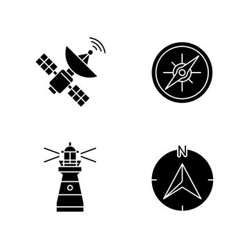 Navigation black glyph icons set on white space. Sea navigation and radiolocation silhouette symbols. Space satellite, marine compass, lighthouse and navigator arrow. vector isolated illustrations