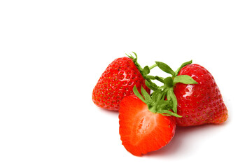 Sweet red strawberries on white background copy space