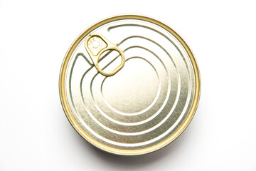 Closed metal tin can view from above on white background