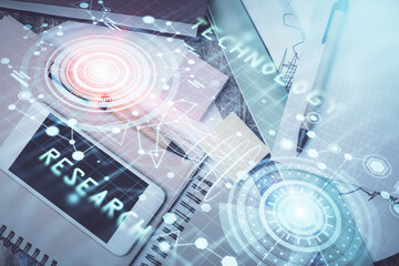 Multi exposure of technology theme drawing over work table desktop. Top view. Global data analysis concept.