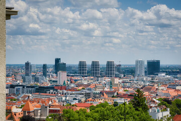Fototapeta na wymiar Bratislava view and new Sky Park with three new towers by Zaha Hadid, Slovakia