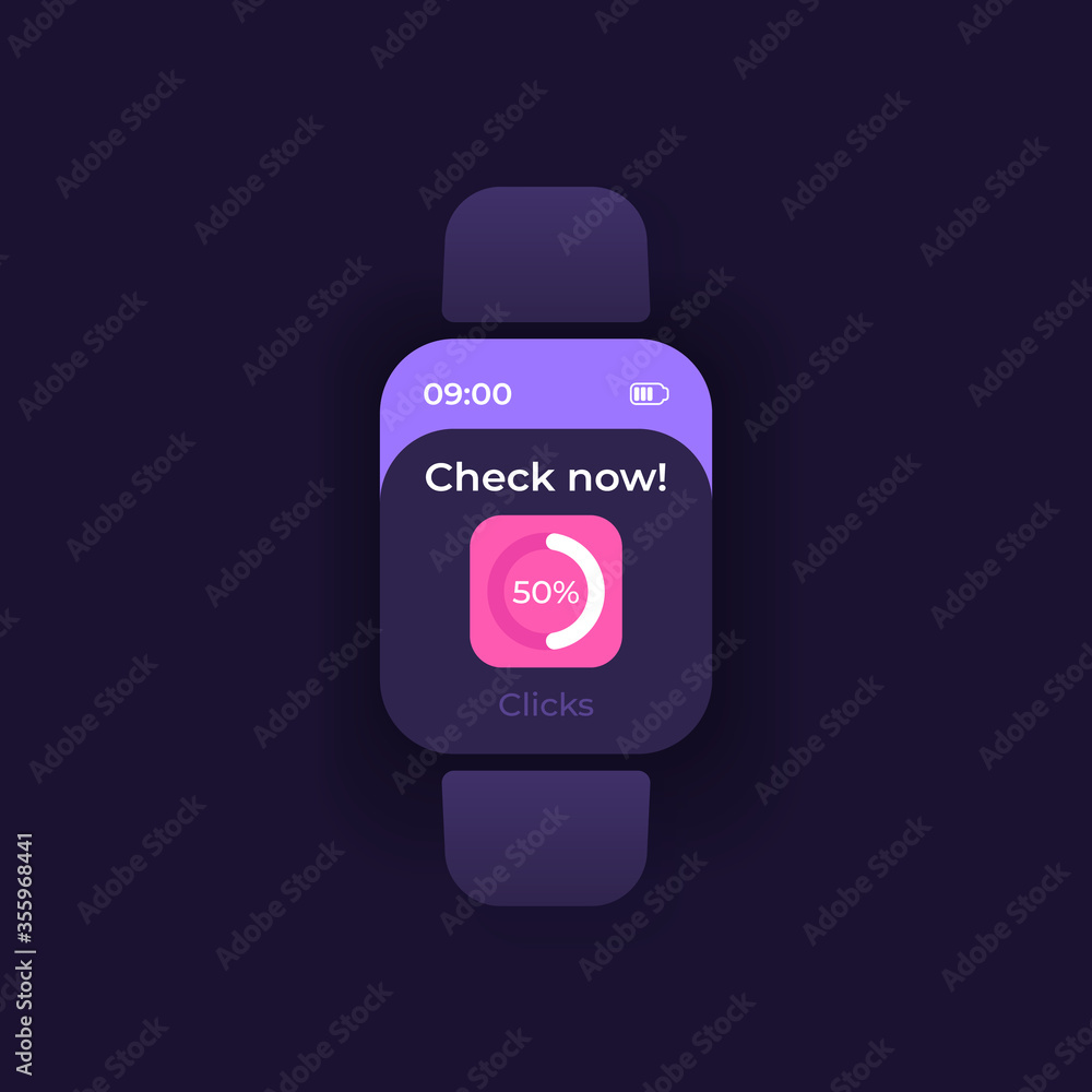 Poster new update smartwatch interface vector template. mobile app notification night mode design. check in