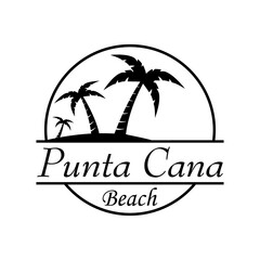 Símbolo destino de vacaciones. Icono plano texto Punta Cana Beach en círculo con playa y palmeras en color negro