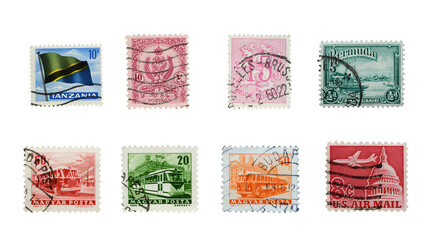 Stamps mail close up on a white background.