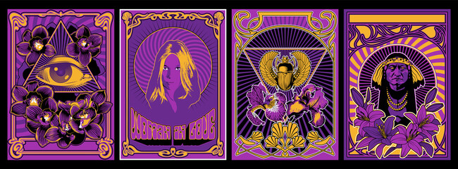 Psychedelic Art Poster Set, 1960s Hippie Style Placards, Woman in Love, Eye in Triangle, Egyptian Scarab, Old person Chief, Floral Decorations - Lily, Orchids, Iris Flowers