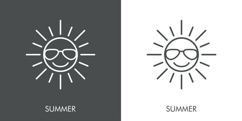 Concepto de vacaciones y viajes. Icono plano lineal sol alegre con gafas de sol y palabra SUMMER en fondo gris y fondo blanco