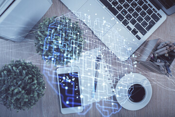 Multi exposure of brain drawing over work table desktop. Top view. Global data analysis concept.