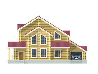 Log wooden house with two floors and garage - vector illustration