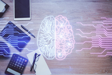 Double exposure of brain sketch and table top veiw. Concept of data analysis.
