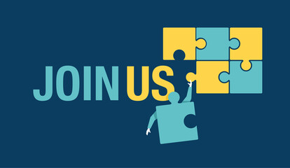 Join Us or We are Hiring staff recruitment concept  - people working team in puzzle metaphor - vector illustration