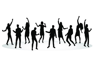 Fototapeta na wymiar Silhouettes of group of young joyous happy business men and women, celebrating character. Happy people in office suits in different poses. Vector illustration, black color isolated on white background