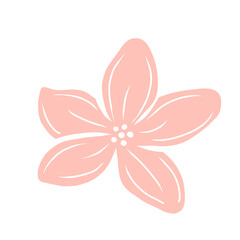 cartoon style illustration of a beautiful pink Botanical flower with five petals and dots isolated on a white background, plants, for prints decoration design, textile design fabric printing site