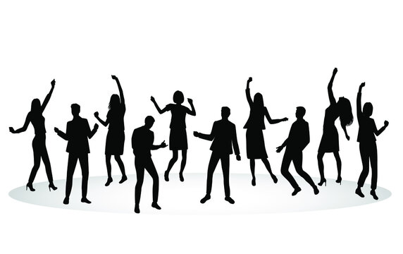 Silhouettes of group of young joyous happy business men and women, celebrating character. Happy people in office suits in different poses. Vector illustration, black color isolated on white background