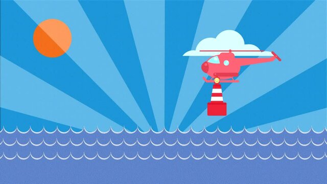 A helicopter sets up a lighthouse with a light signal on the surface of the sea. Animated video with technology on the background of the sea, the sun and clouds in motion. The first part of 6.
