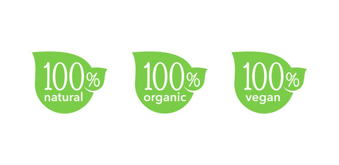 100 natural, 100 organic, 100 vegan icons - tag for hundred percent healthy food, vegetarian nutrition in leaf shape - vector sticker set