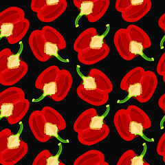 Seamless pattern of ripe red sweet peppers on a black background. The concept of gardening, healthy eating, and vegetarianism. Vector hand drawing.