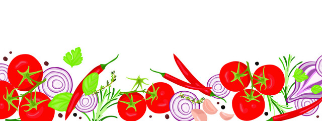 A long banner with the image of fresh vegetables: tomatoes, hot peppers, onions, herbs and spices. White background. The concept of healthy eating. Vector realistic hand drawing.