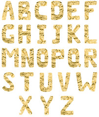 Isolated set of Font English or Latin alphabet A-Z made of crumpled golden foil on a white background