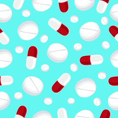 White pills and red-and-white pills on a blue background. Seamless pattern. Medical subject. Vector hand drawing. - 355970232