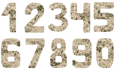 Isolated Font set of numbers 0-9 from zero to nine made of crumpled silver foil on a white background