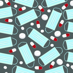 White tablets, red-and-white pills, and blue disposable medical masks on a gray background. Seamless pattern. Medical subject. Vector hand drawing.