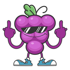 Grape cartoon character with sunglasses gving the middle fingers