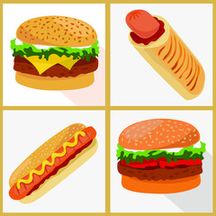 Fast food: hamburger, cheeseburger, sausage roll, hot dog. Vector drawing.