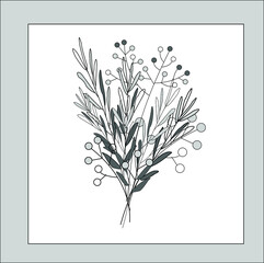 Bouquet of field plants. Outline drawing on a white background. Square card, sticker, sticker. Vector drawing.