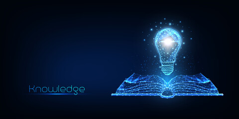Futuristic knowledge, creative thinking concept with glowing low polygonal book and lightbulb