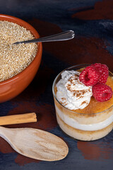 Quinoa flan with cream and raspberries. Healthy homemade dessert rich in protein, vitamins, omega 3 and very nutritious, ideal to take care of your diet, restaurants, parties, birthdays and Christmas