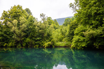 Pond on wellhead of river surrounded with forest and cave on Krupajsko vrelo in Serbia. Beautiful turquoise water.