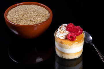 Quinoa flan with cream and raspberries. Healthy homemade dessert rich in protein, vitamins, omega 3 and very nutritious, ideal to take care of your diet, restaurants, parties, birthdays and Christmas