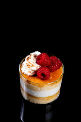 Quinoa flan with cream and raspberries. Healthy homemade dessert rich in protein, vitamins, omega 3 and very nutritious, ideal to take care of your diet, restaurants, parties, birthdays and Christmas