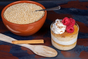 Quinoa flan with cream and raspberries. Healthy homemade dessert rich in protein, vitamins, omega 3 and very nutritious, ideal to take care of your diet, restaurants, parties, birthdays and Christmas