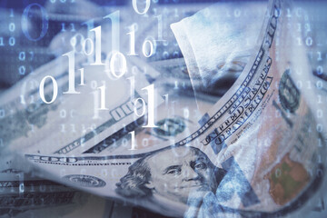Double exposure of data theme drawing over us dollars bill background. Technology concept.