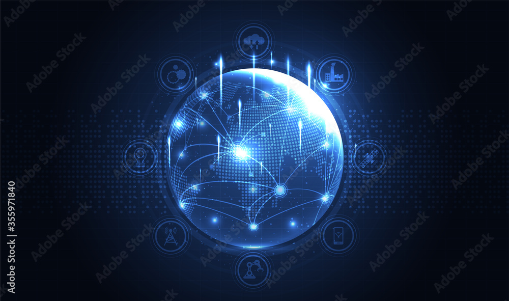 Poster fourth industrial revolution on futuristic hud with world map globe. industrial instruments in the f