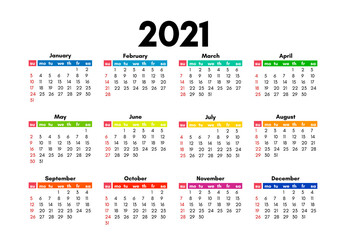 Calendar for 2021 isolated on a white background