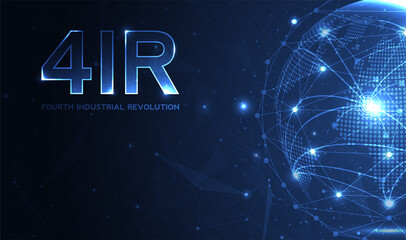 Fourth industrial revolution on futuristic hud with world map globe. concept of automatization, machinery, robotic technology, industrial revolution and artificial intelligence.