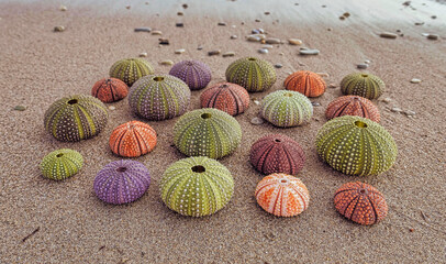 collection of colorful sea urchins on wet sand beach, outdoors summer scene